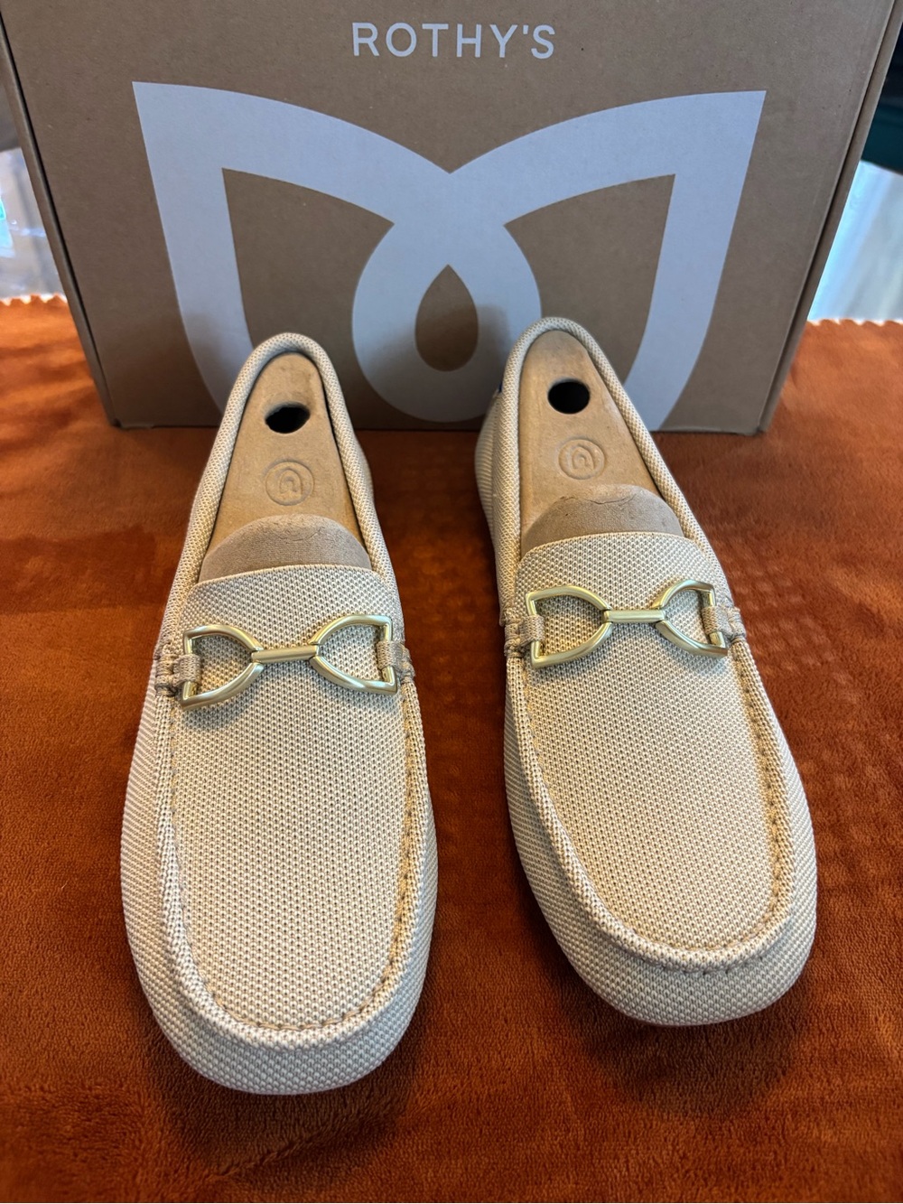 Rothy's Cream Knit Loafers with Gold Bit Hardware Sesame